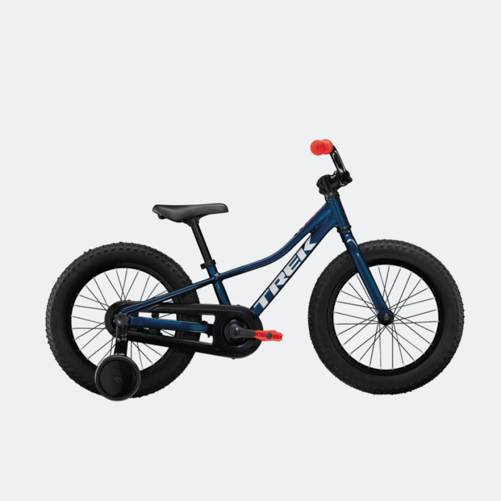 16 inch blue kids bike with training wheels Trek Precaliber 16